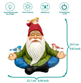 RAYWER gnome in lotus pose among birds for garden charm and ambiance.