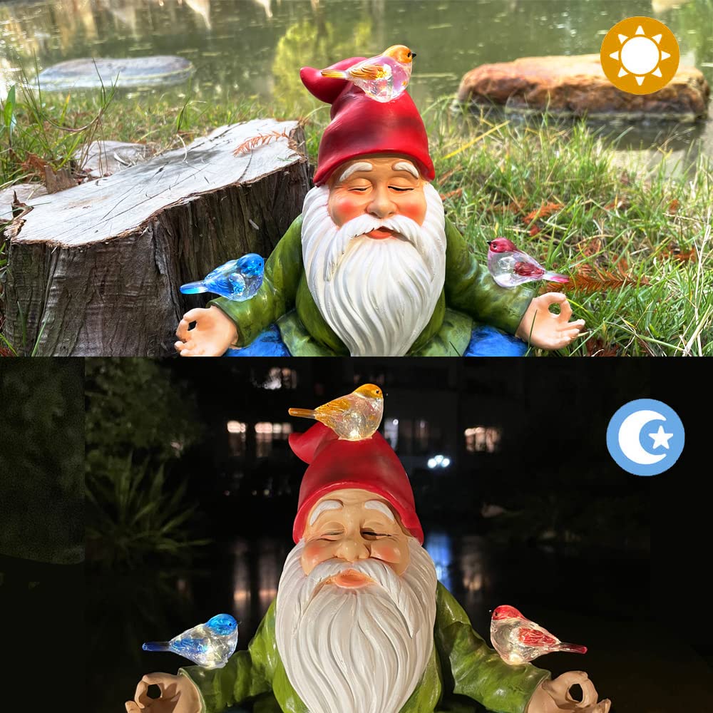 RAYWER polyresin gnome with LED light for durable outdoor decor.