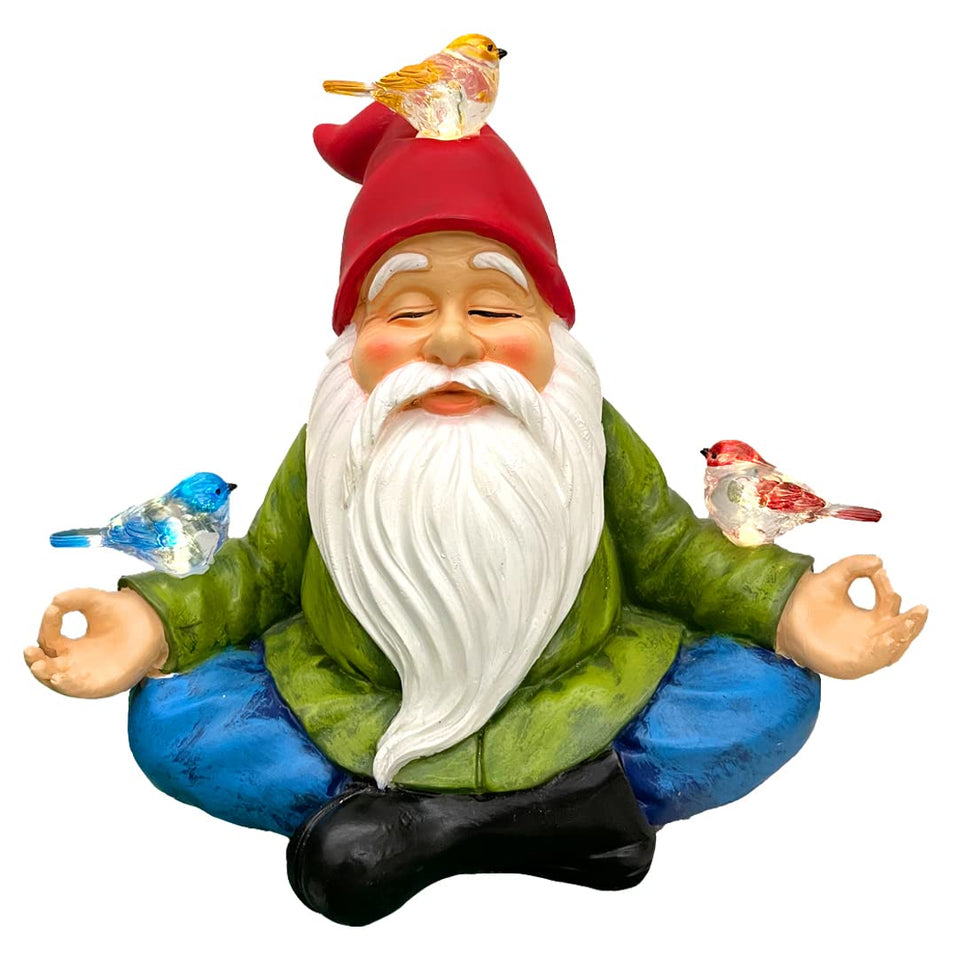 RAYWER solar gnome with red hat and three birds, sun-powered LED illumination.
