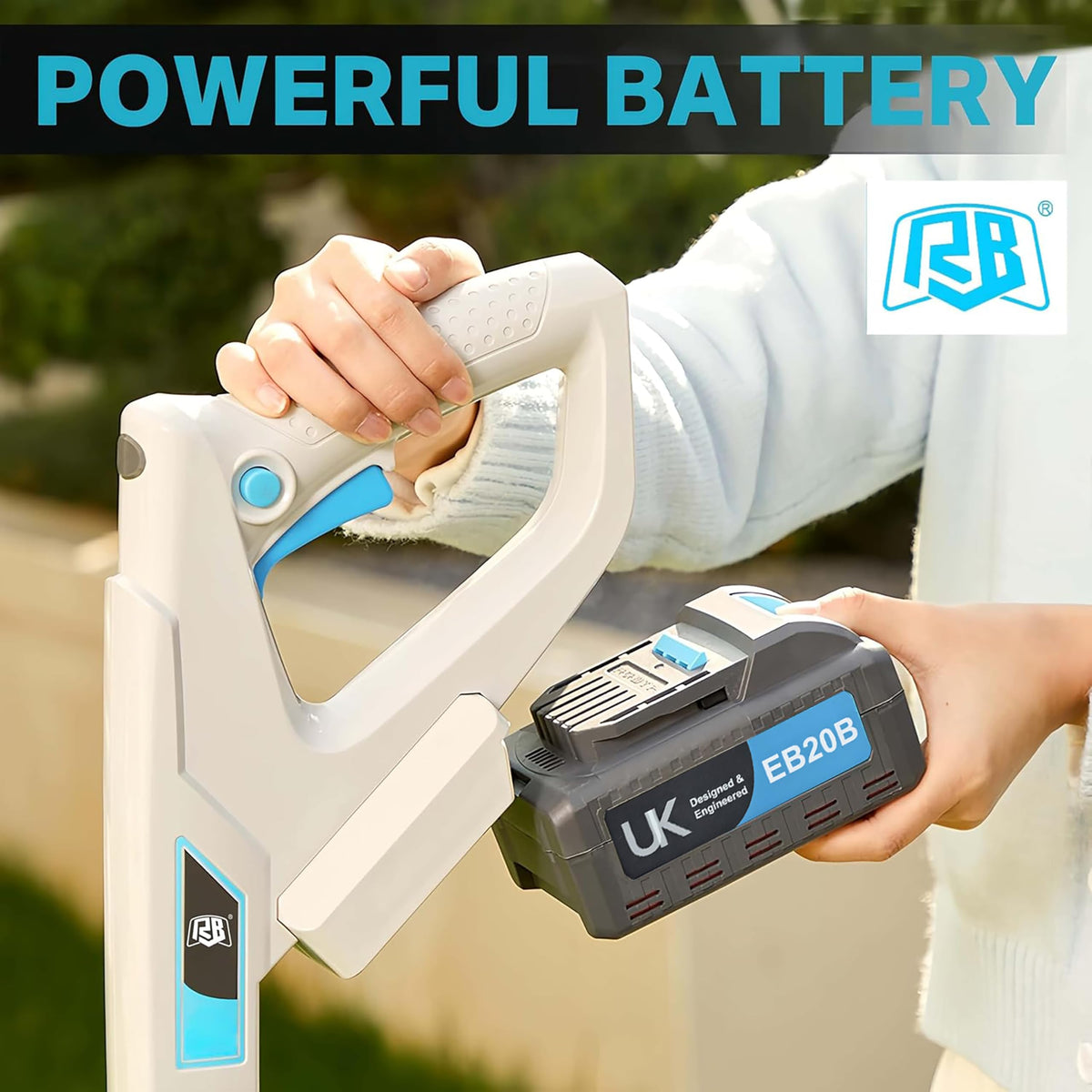 RB 9-Inch small lawn mower compact storage shows upright stand saving space.