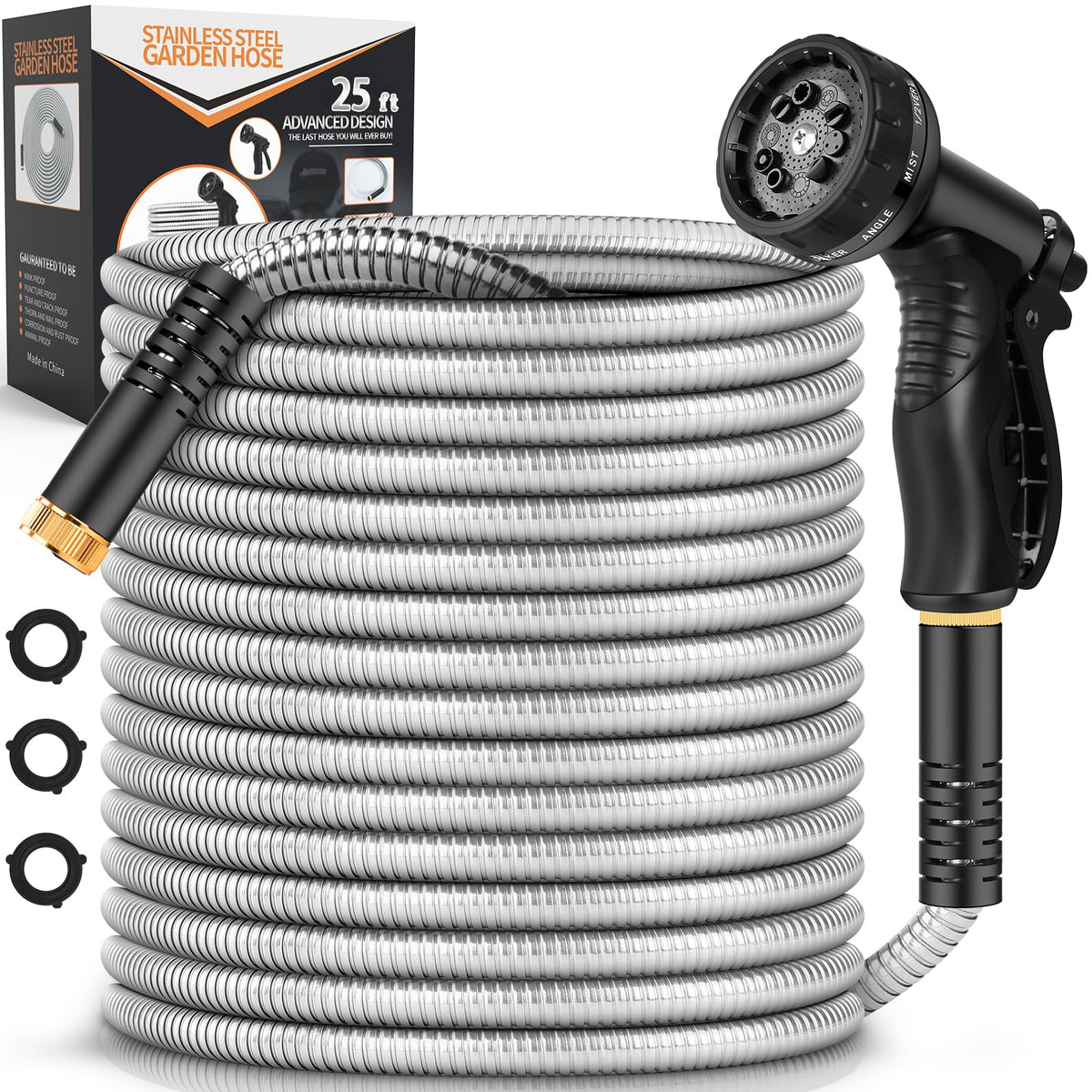 Rcfunkid garden hose metal 25ft with durable stainless steel exterior for tough outdoor tasks