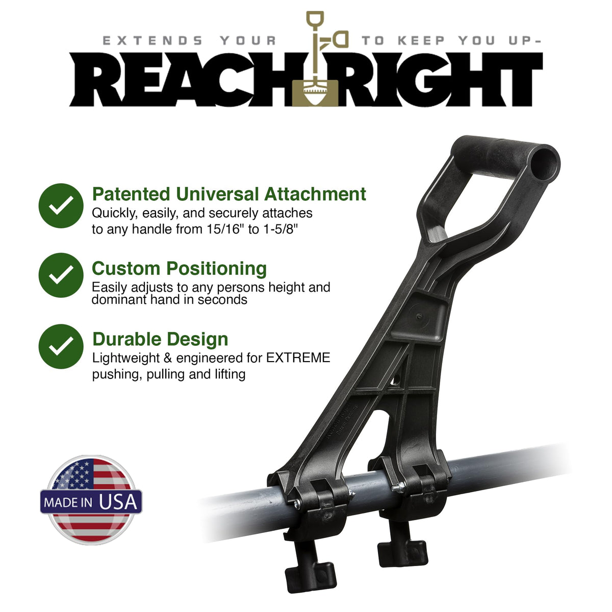 Reach Right Universal Handle Ergonomic Grip delivers comfortable control during long yard tasks.