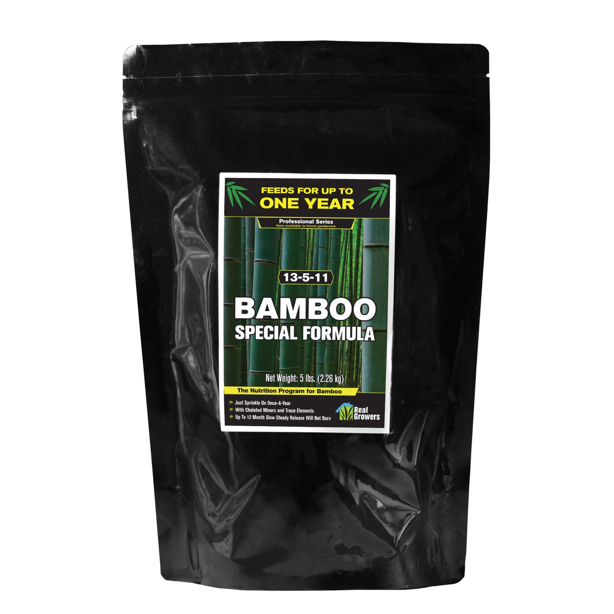 Real Growers Bamboo Special 12-Month Release bag front view for year-long feeding.