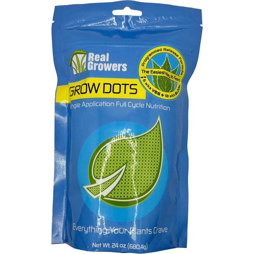 Real Growers Grow Dots Classic 24oz bottle with steady release nutrients for coco coir.