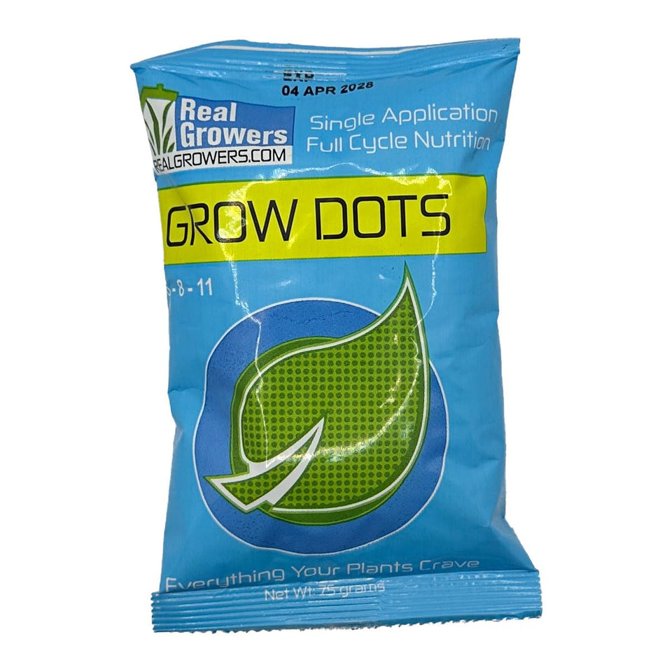 Real Growers Grow Dots Classic 75g application spotlight showing single-application nutrients
