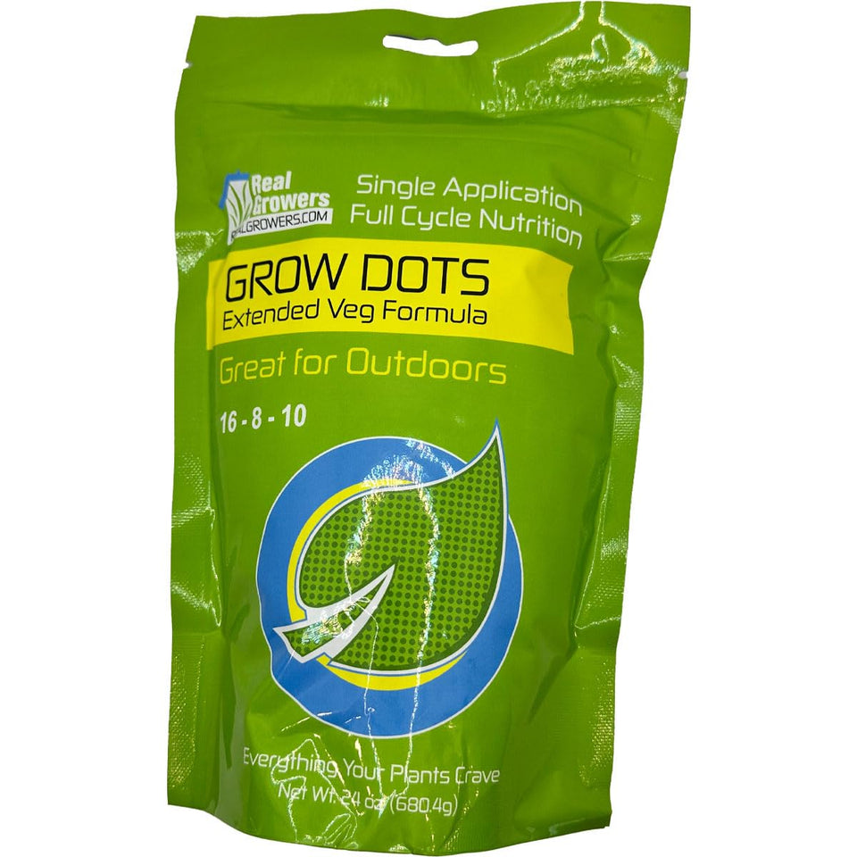 Real Growers Grow Dots Extended bottle side view for extended veg feeding in coco coir