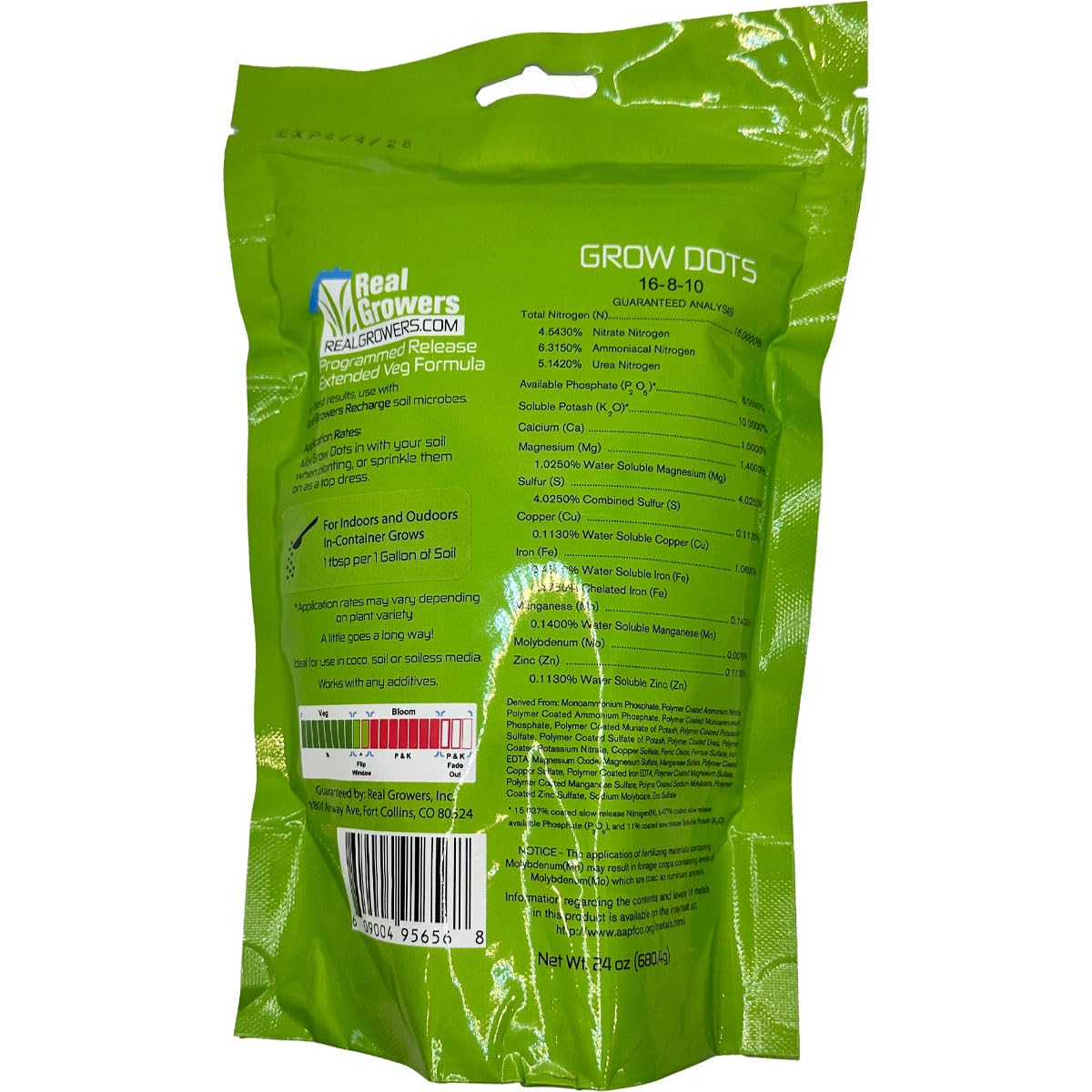 Real Growers Grow Dots Extended label closeup highlighting balanced nutrition for veg and bloom