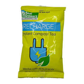 Real Growers Recharge bottle front view, compact packaging ideal for testing in living soil.