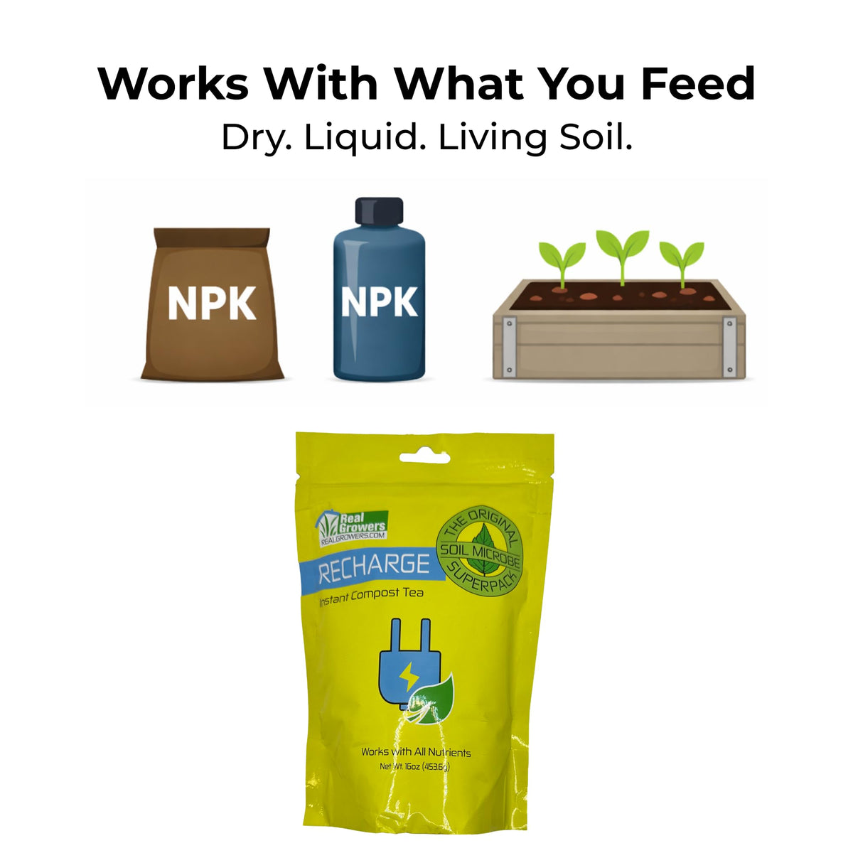 Real Growers Recharge used alongside compost tea to boost microbial activity.