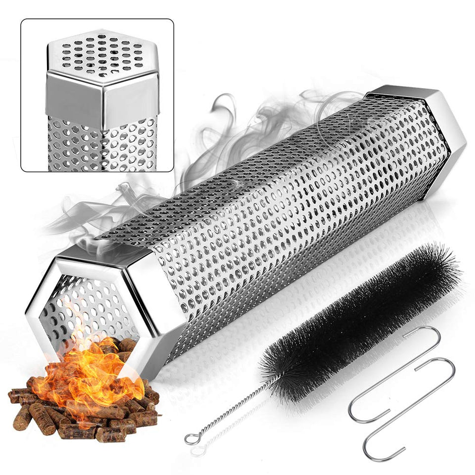 Realcook pellet smoker tube 12in on grill for extended wood-smoke flavor