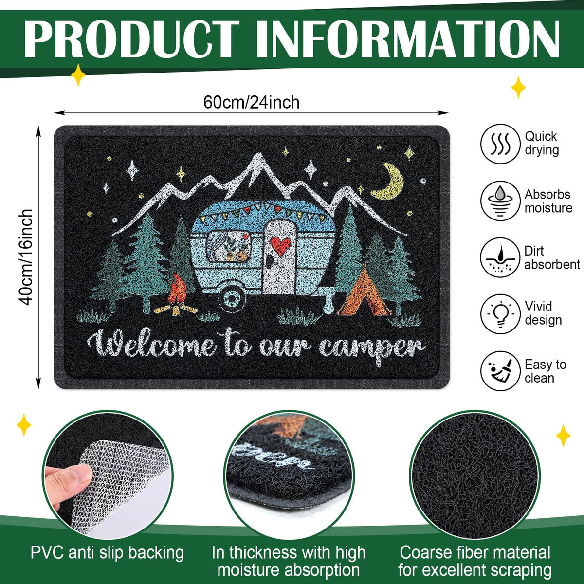 Reallnaive camper door mat close-up shows durable rubber back for all-weather grip