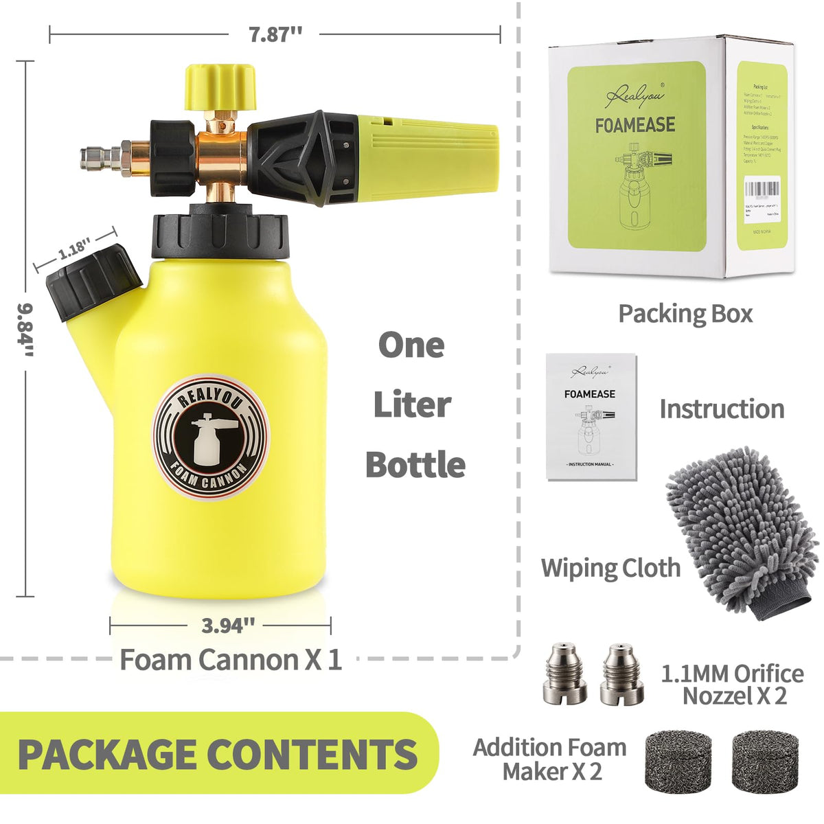RealYOU accessories bag includes foam makers, nozzles, and a chenille cloth for cleaning.