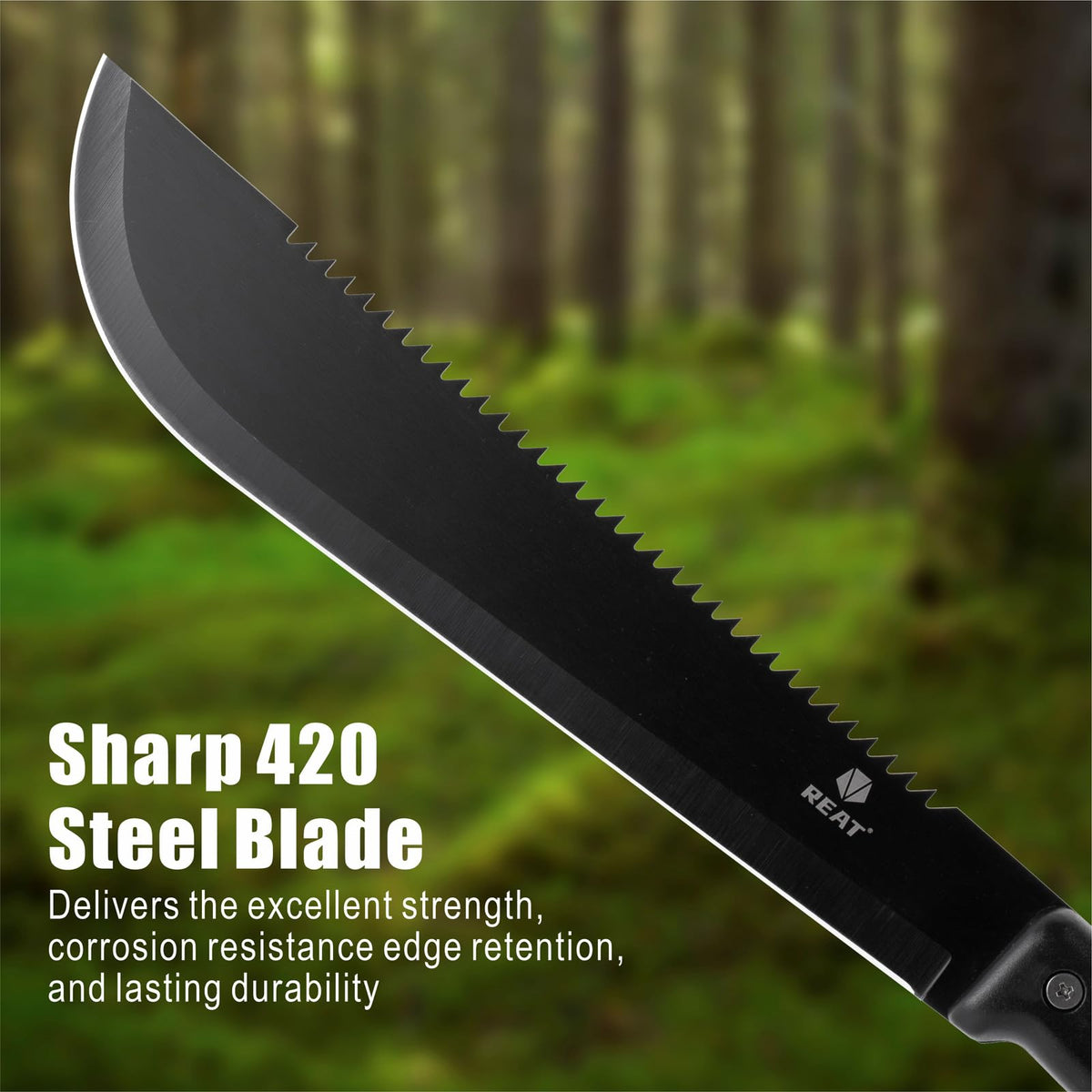 Full tang and ergonomic handle on REAT machete for secure grip
