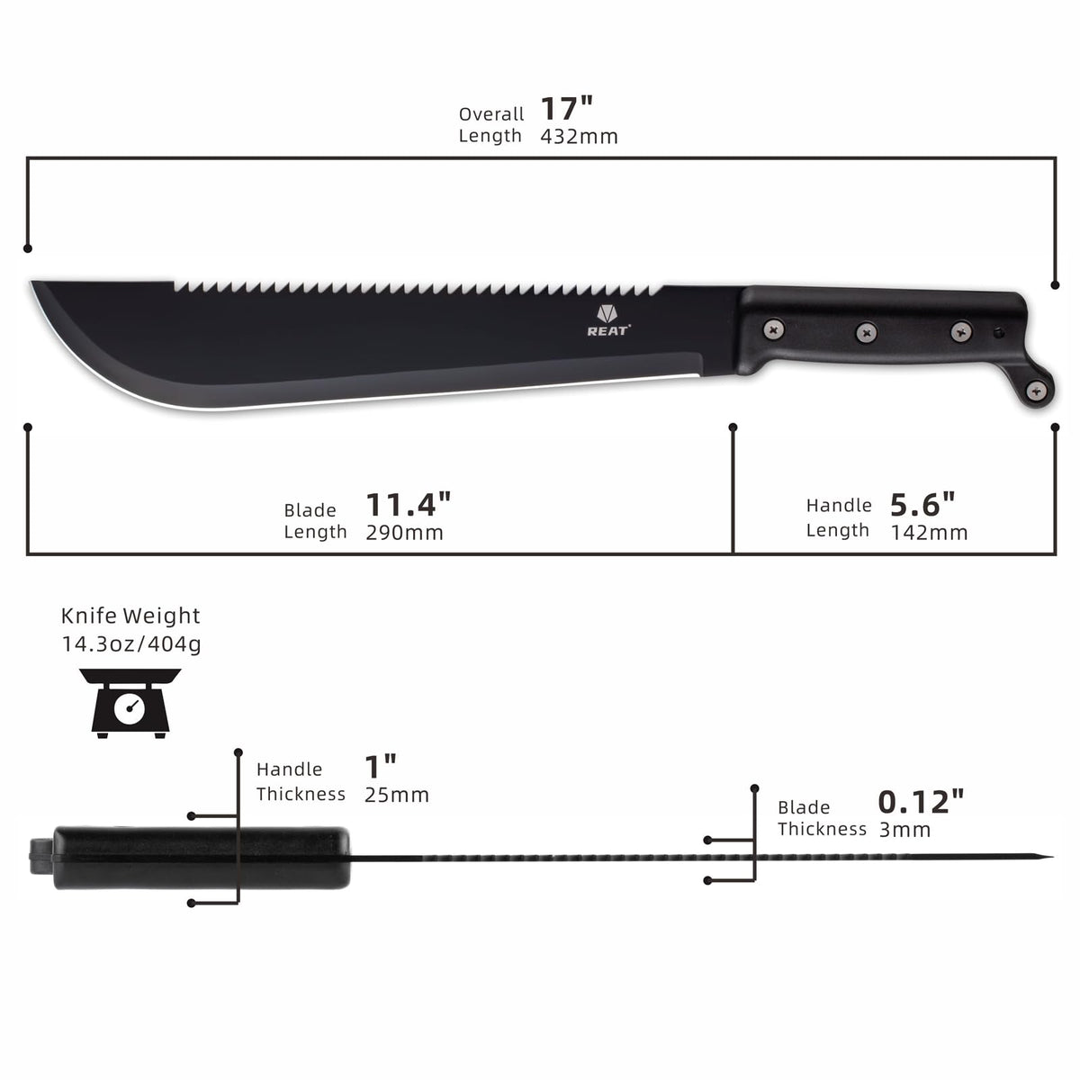 Close-up of saw edge on REAT machete for fast, efficient cuts