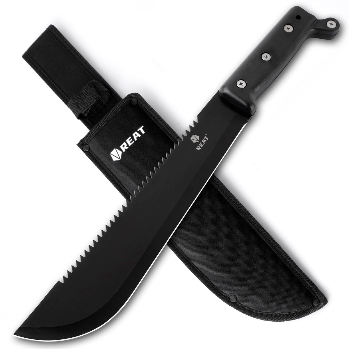 REAT machete with saw and 17-inch blade shown for durable yard work