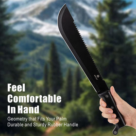Yard work scene with REAT machete cutting brush and saplings