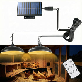 Redaica solar chicken coop light with timer, front view showing dual lamps for even coop lighting