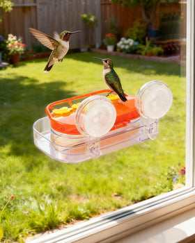 Close view window feeder for indoor or outdoor hummingbird watching