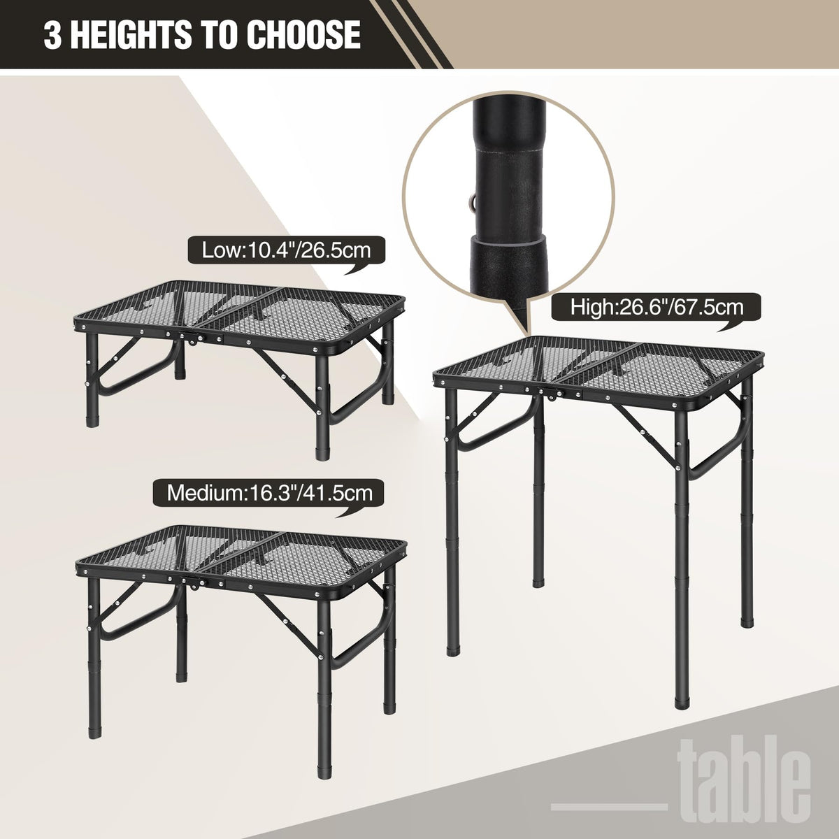 REDCAMP folding grill table height-adjustment with adjustable legs for versatile use