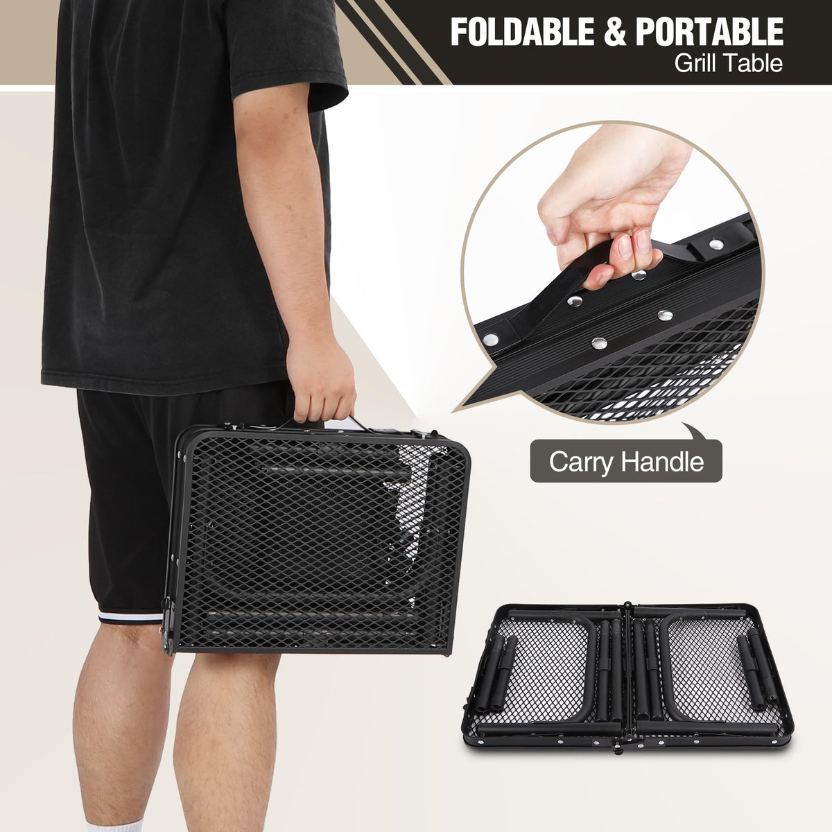 REDCAMP grill table with storage mesh for tools and ingredients within reach