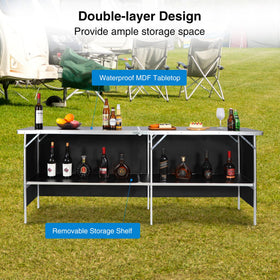 REDCAMP portable bar table lower shelves for organizing bottles and cups.