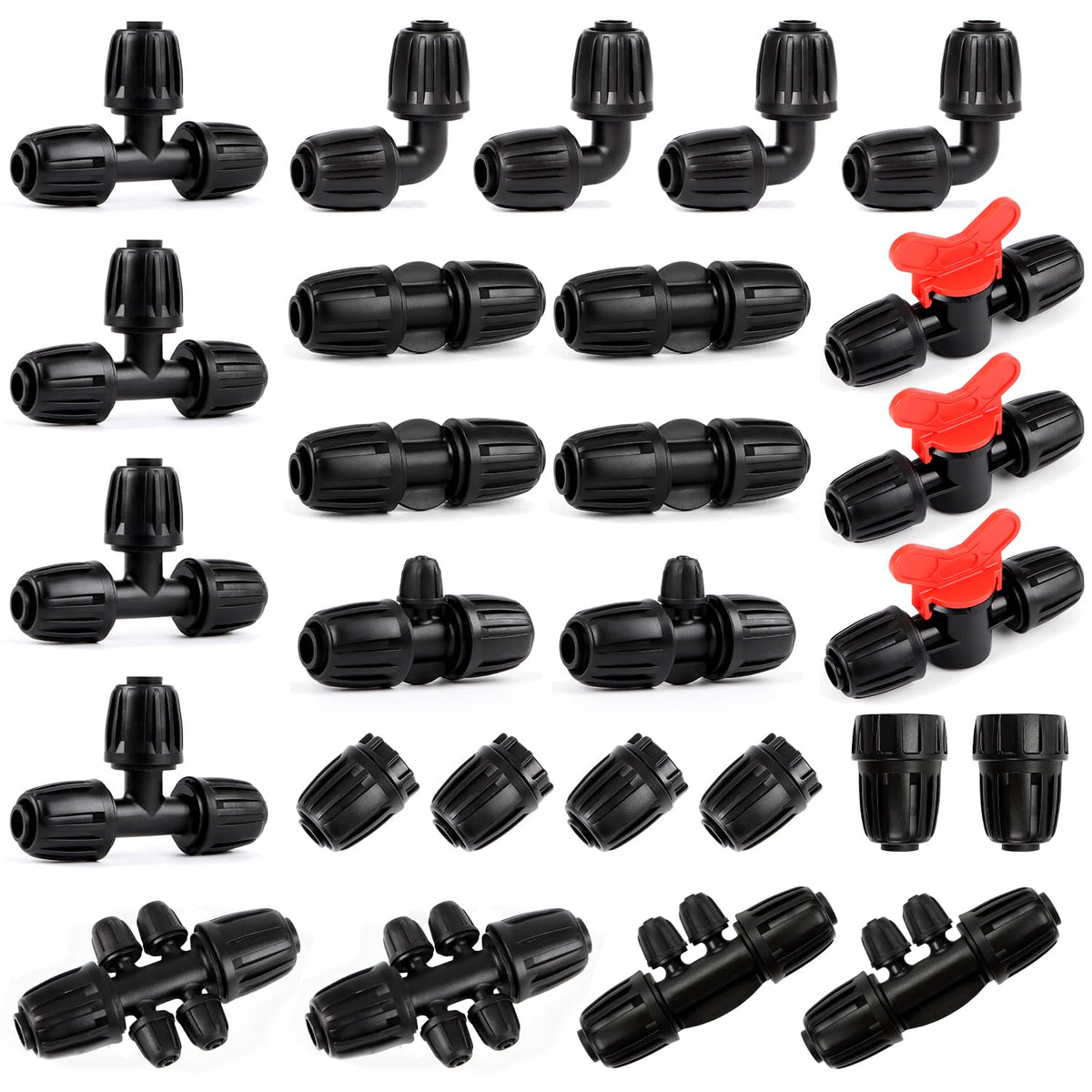 RedChili 27-piece irrigation fittings kit laid out for versatile garden setup.