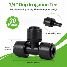 RedChili 3-way tee connector shown in a tidy drip system setup for gardens.
