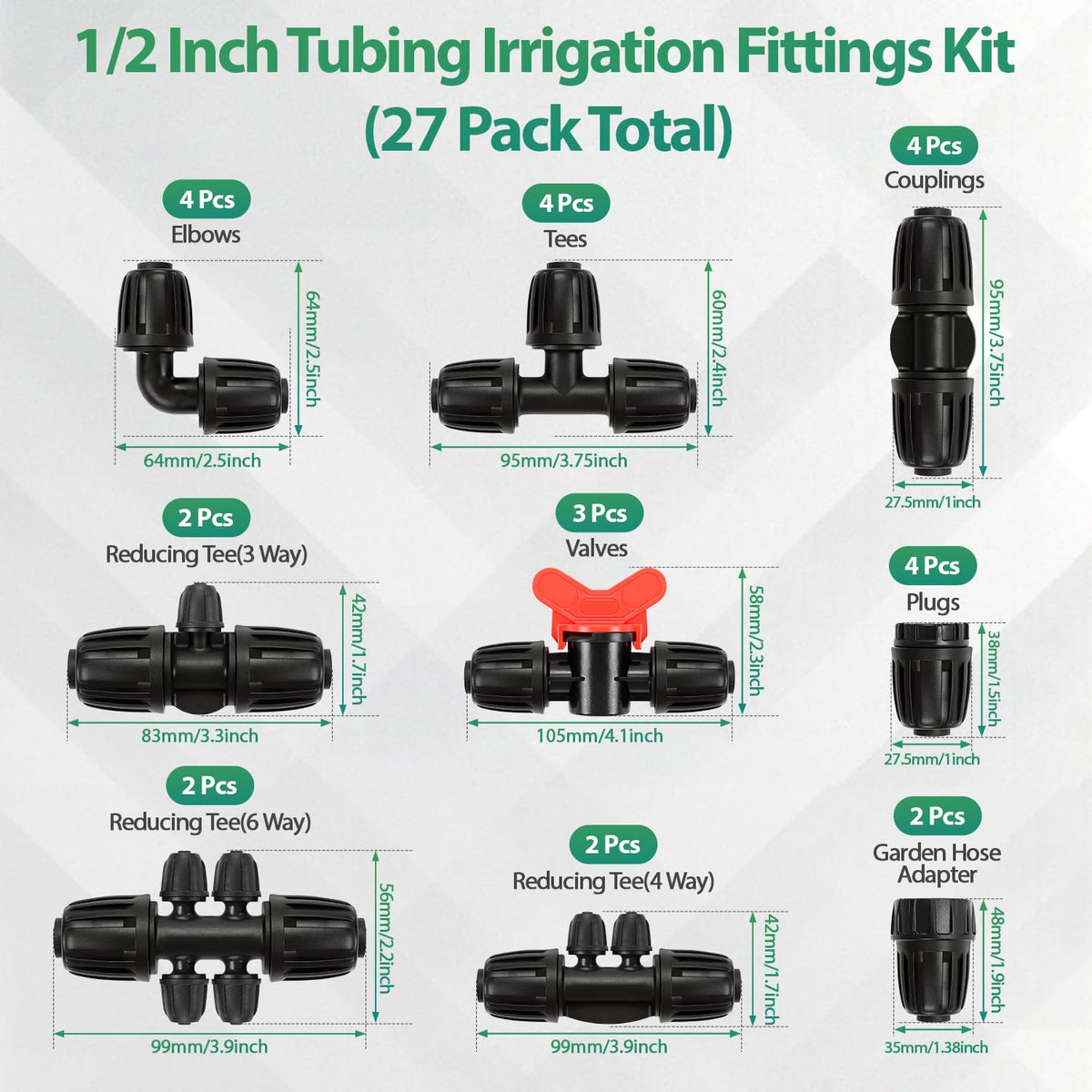 Close-up of tees and couplings showing secure barb fittings for leak-free watering.