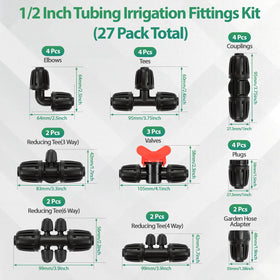 Close-up of tees and couplings showing secure barb fittings for leak-free watering.