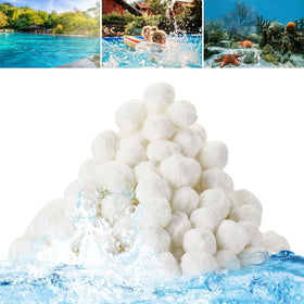 Redcoutt pool filter balls in mesh bag for easy cleaning.