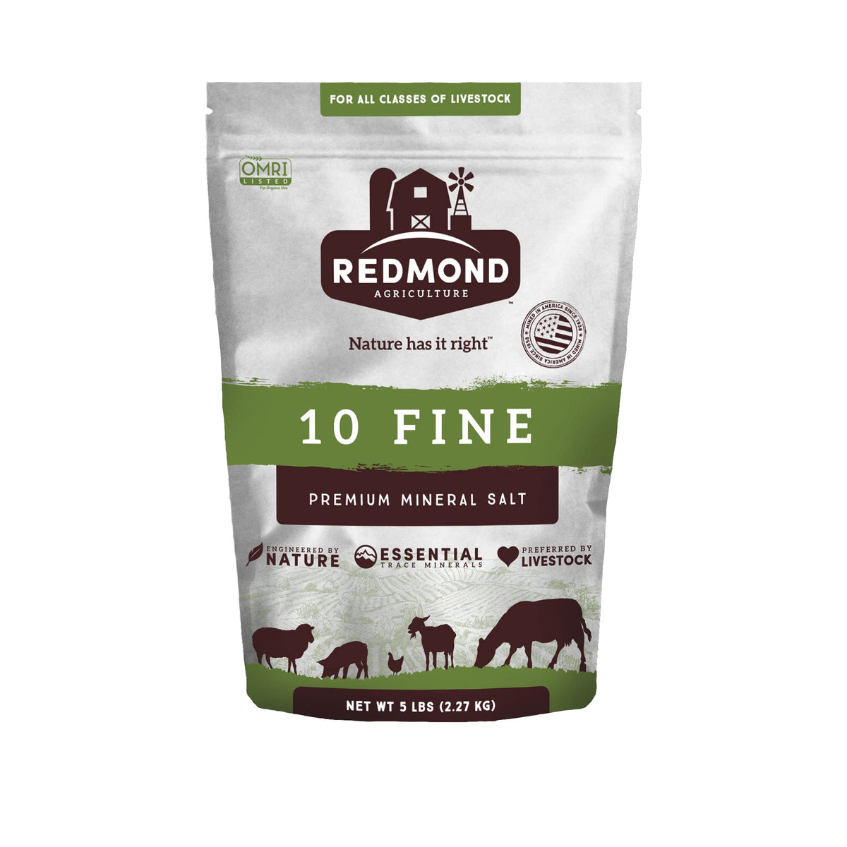 Redmond 10 Fine mineral salt 5lb bag, front view, ideal for balanced livestock intake