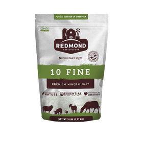 Redmond 10 Fine mineral salt 5lb bag, front view, ideal for balanced livestock intake