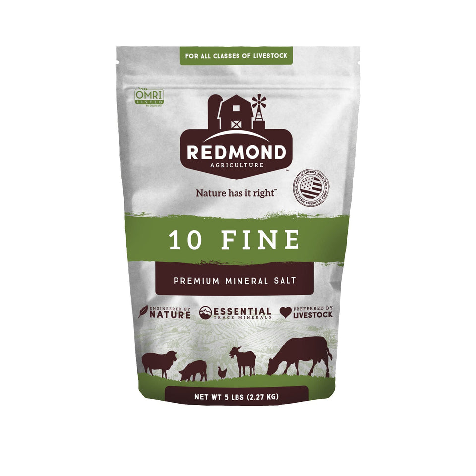 Redmond 10 Fine mineral salt 5lb bag, front view, ideal for balanced livestock intake