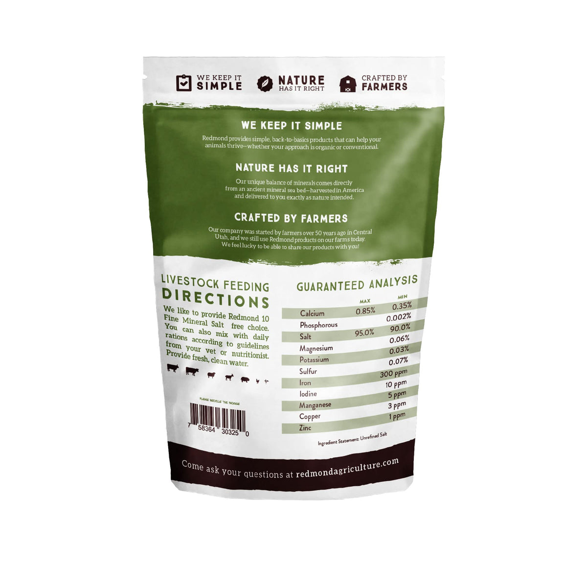 Redmond 10 Fine mineral salt 5lb bag, side view, shows natural composition with trace minerals
