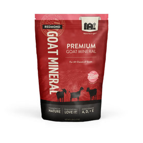Redmond Goat Mineral Mix bag 5 lb on farm supports balanced minerals for healthy goats.
