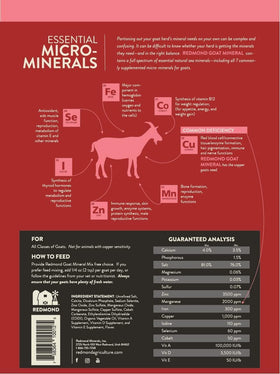 Redmond Goat Mineral Mix resealable bag on shelf with no fillers.