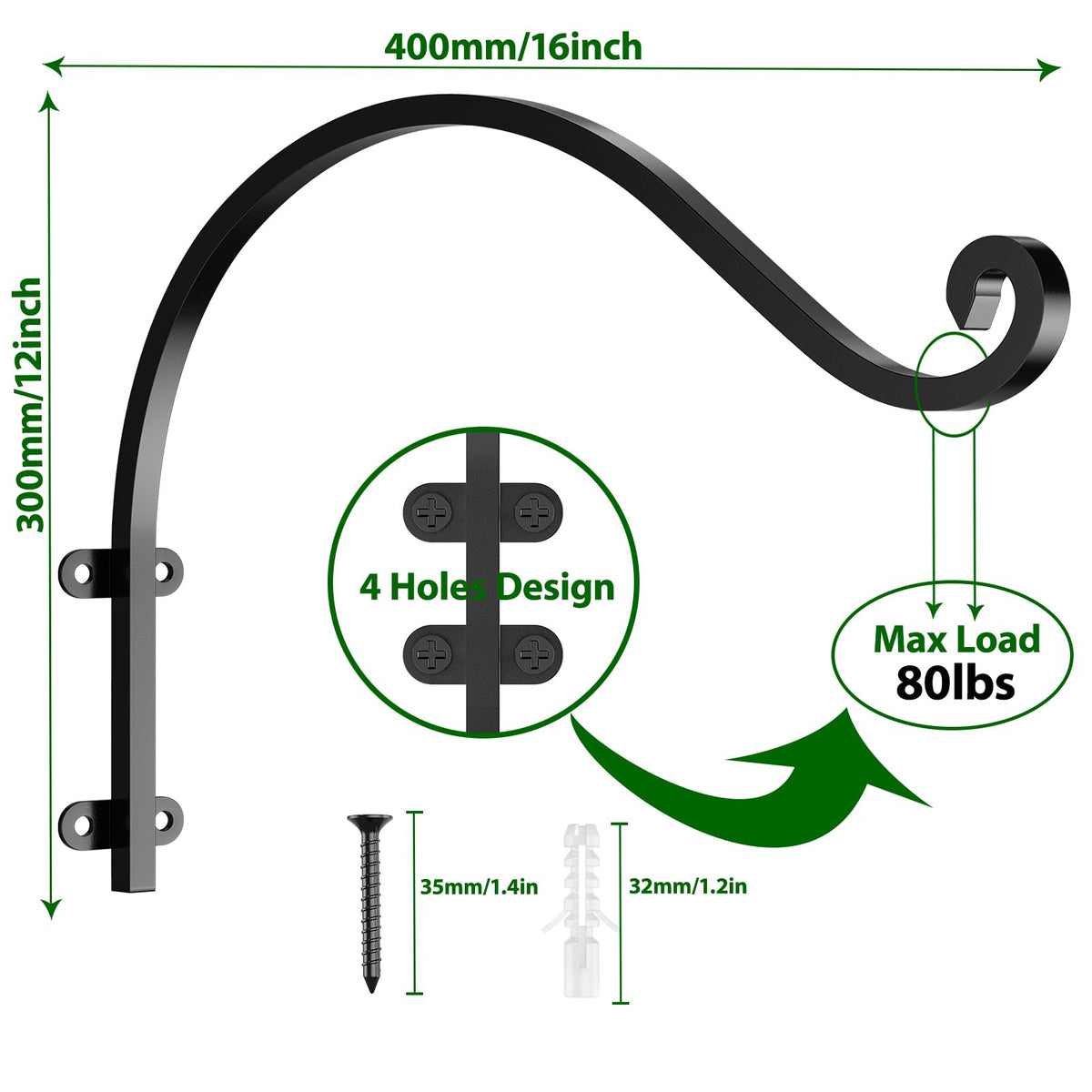 REDOVANT 16-inch wrought iron bracket with durable matte-black finish