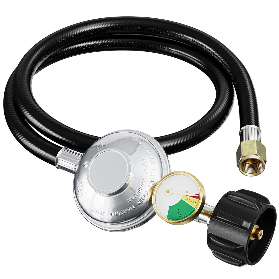 REDPANT 3 ft regulator hose with gauge showing steady flow for grills