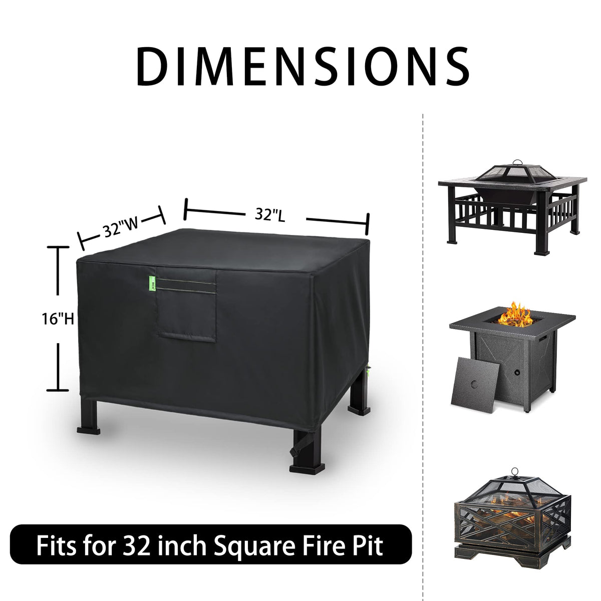 REDRICH square fire pit cover secured with straps for windy weather protection.