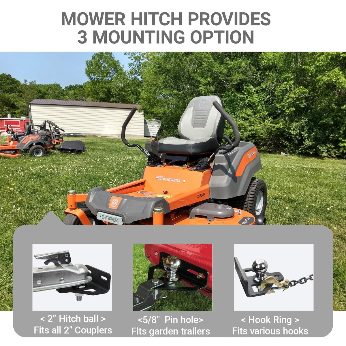 RedTee mower hitch chain-slot design enables tow strap flexibility.