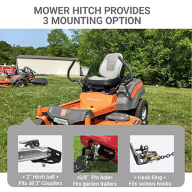 RedTee mower hitch chain-slot design enables tow strap flexibility.