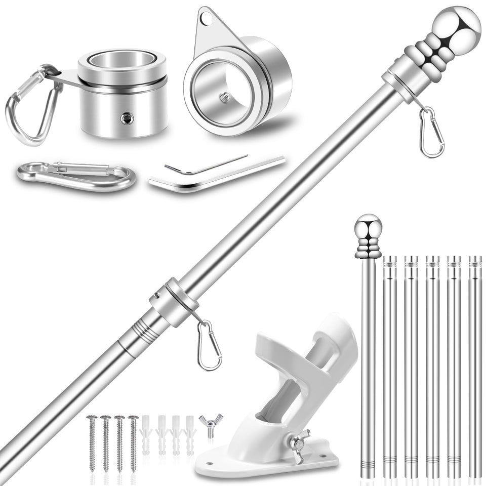REERON 7FT spinning flag pole mounted on a silver wall bracket for outdoor use