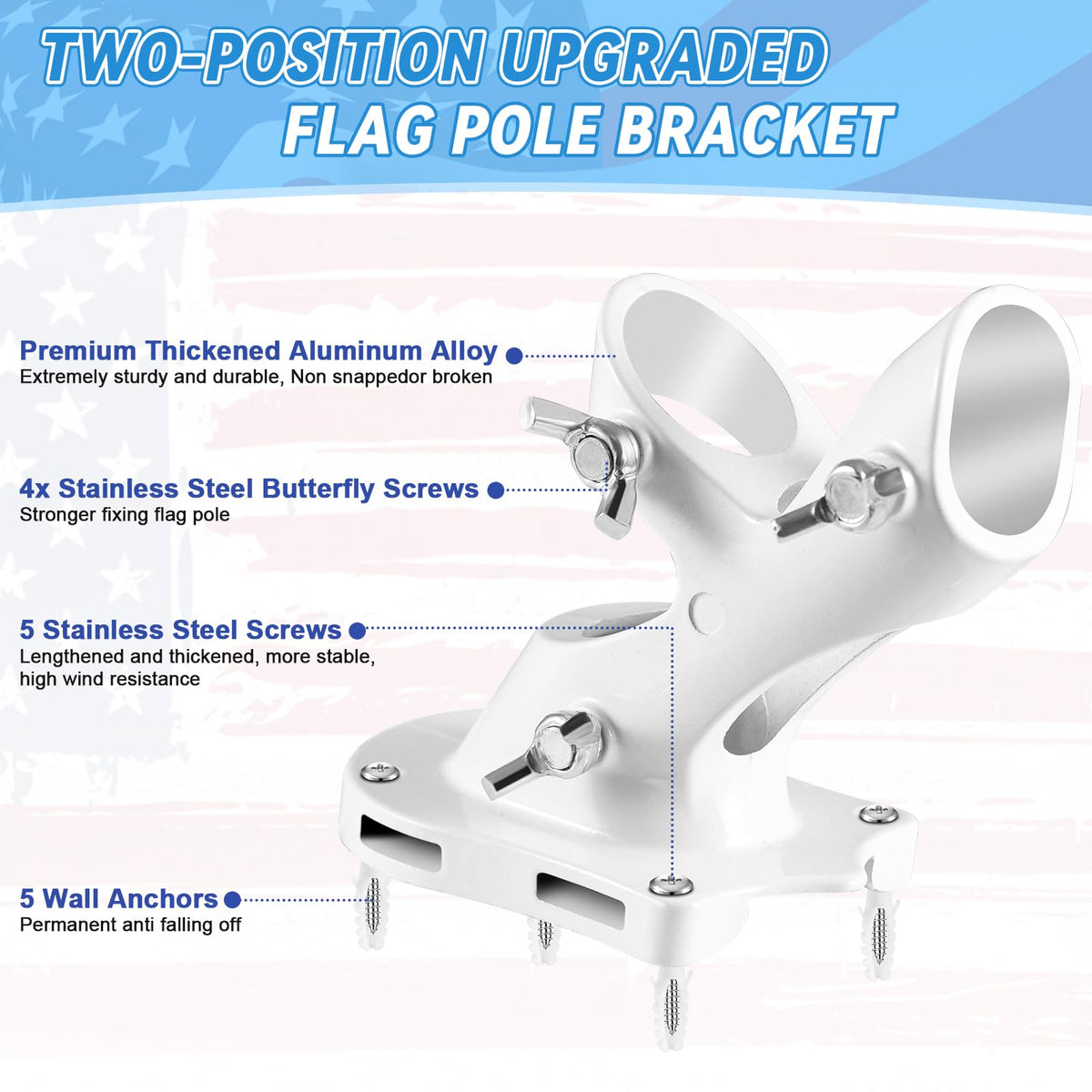REERON three-fixed-holes flagpole mount provides secure grip in all weather conditions.
