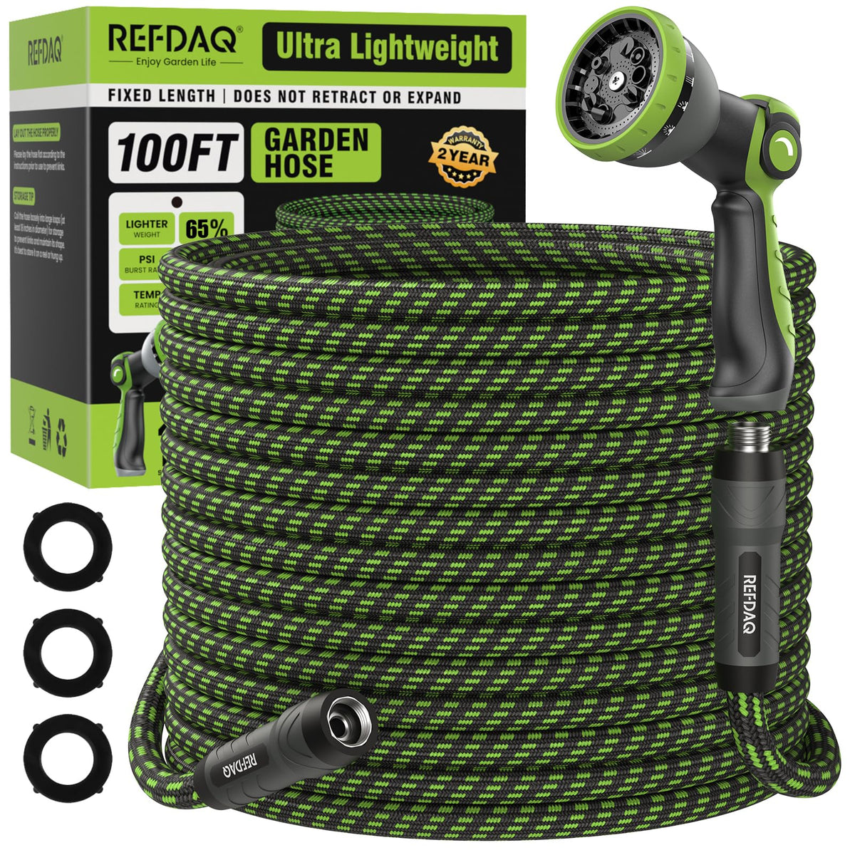 REFDAQ garden hose with 360° swivel ends for kink-free watering and smooth flow.