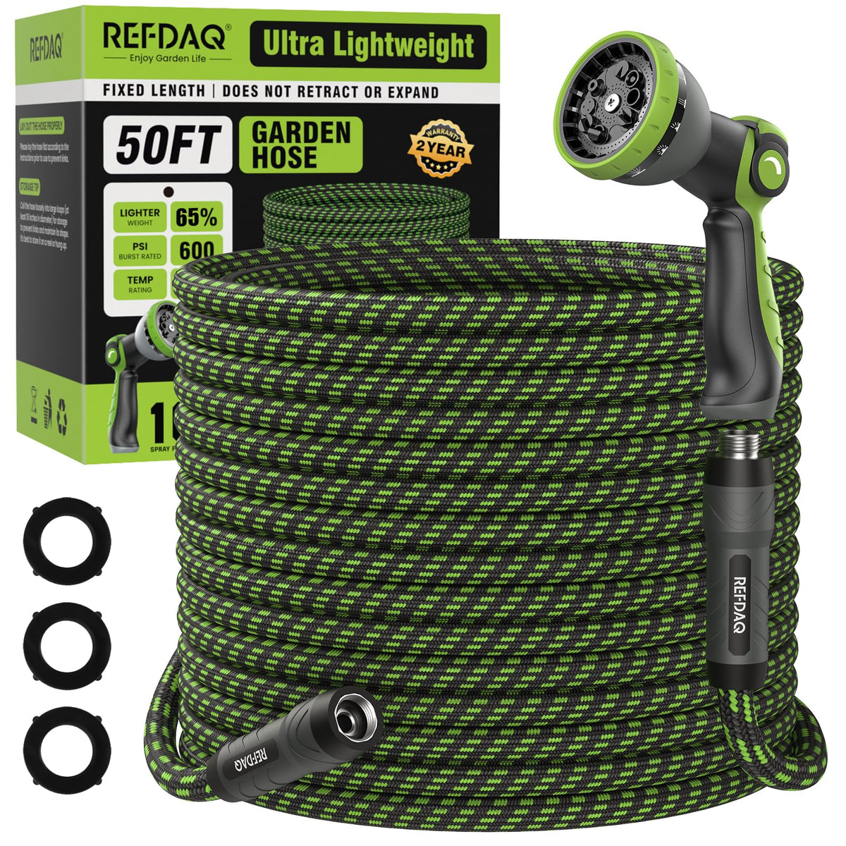 REFDAQ garden hose with 360° anti-tangle swivel prevents kinks during watering