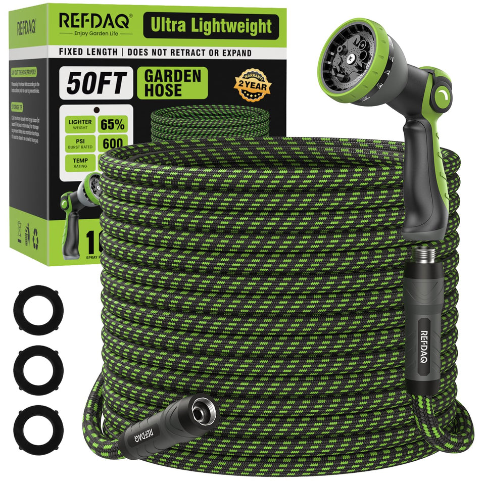REFDAQ garden hose with 360° anti-tangle swivel prevents kinks during watering