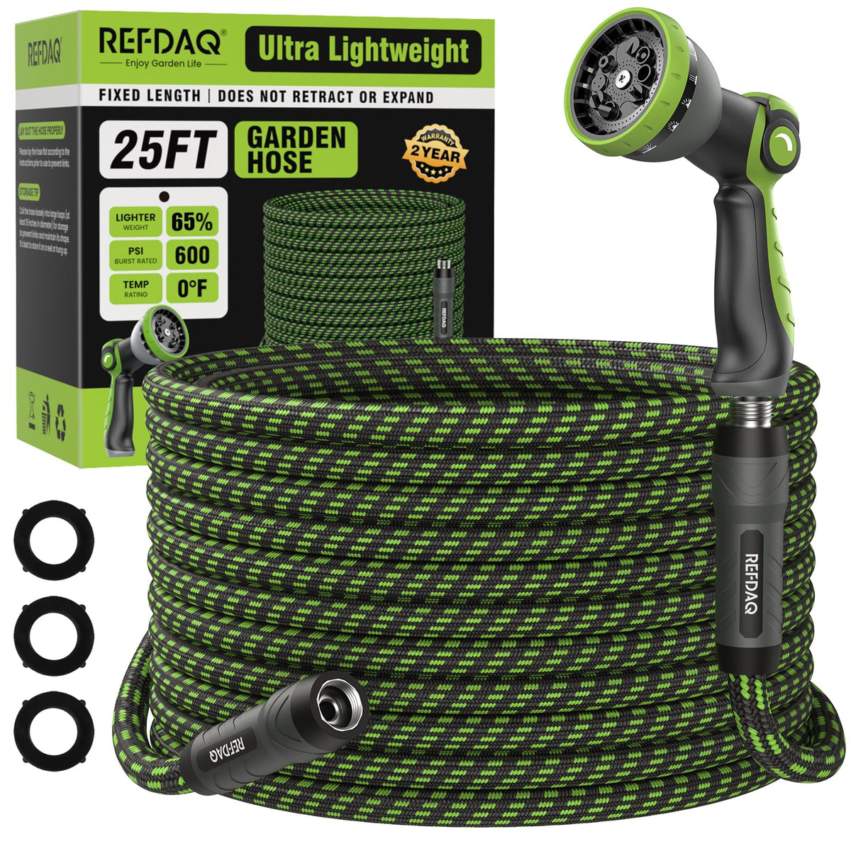 REFDAQ Garden Hose with 360° swivel handles reduces tangles for smooth water flow.