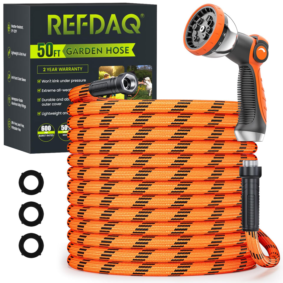REFDAQ Garden Hose with 50ft length for broad reach and easy watering.