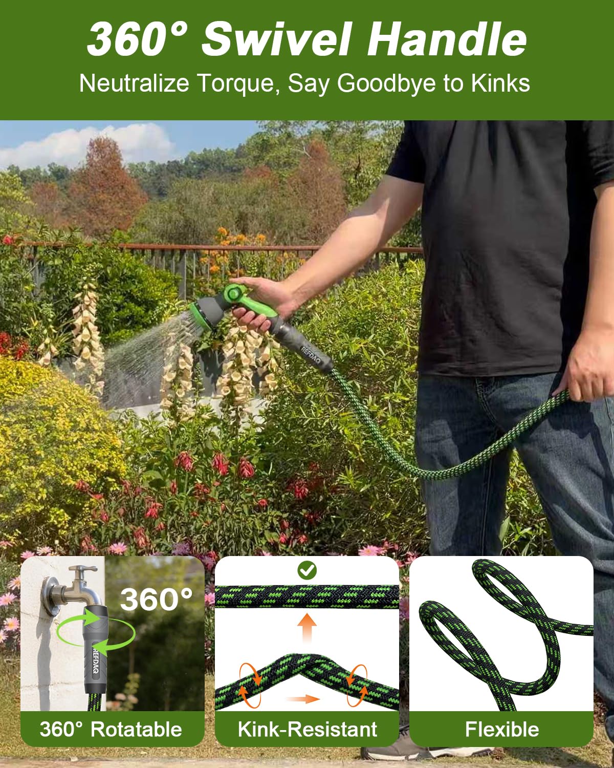 REFDAQ garden hose stays flexible in extreme weather from -40°F to 150°F.