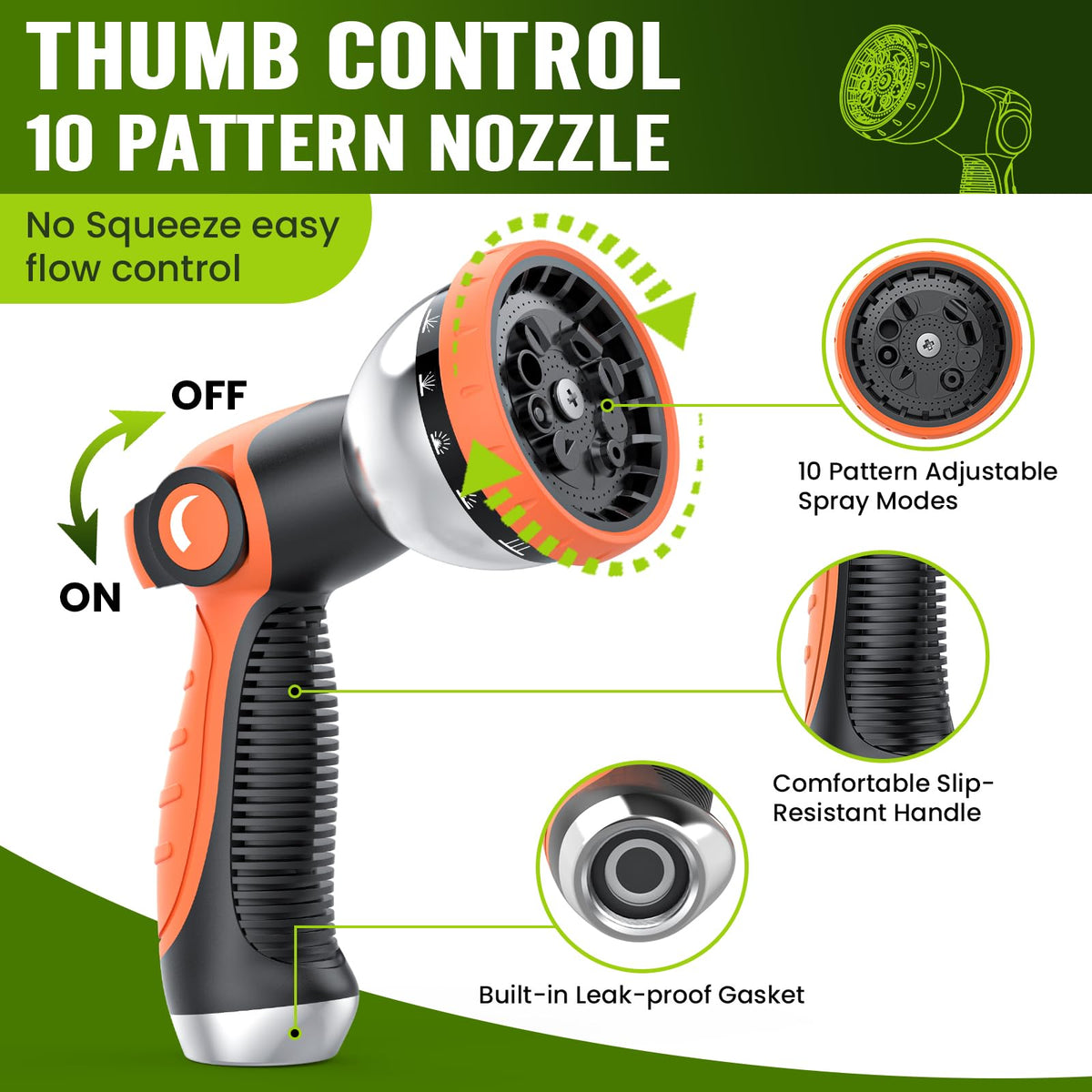 REFDAQ thumb-control nozzle offers 10 patterns for versatile watering.